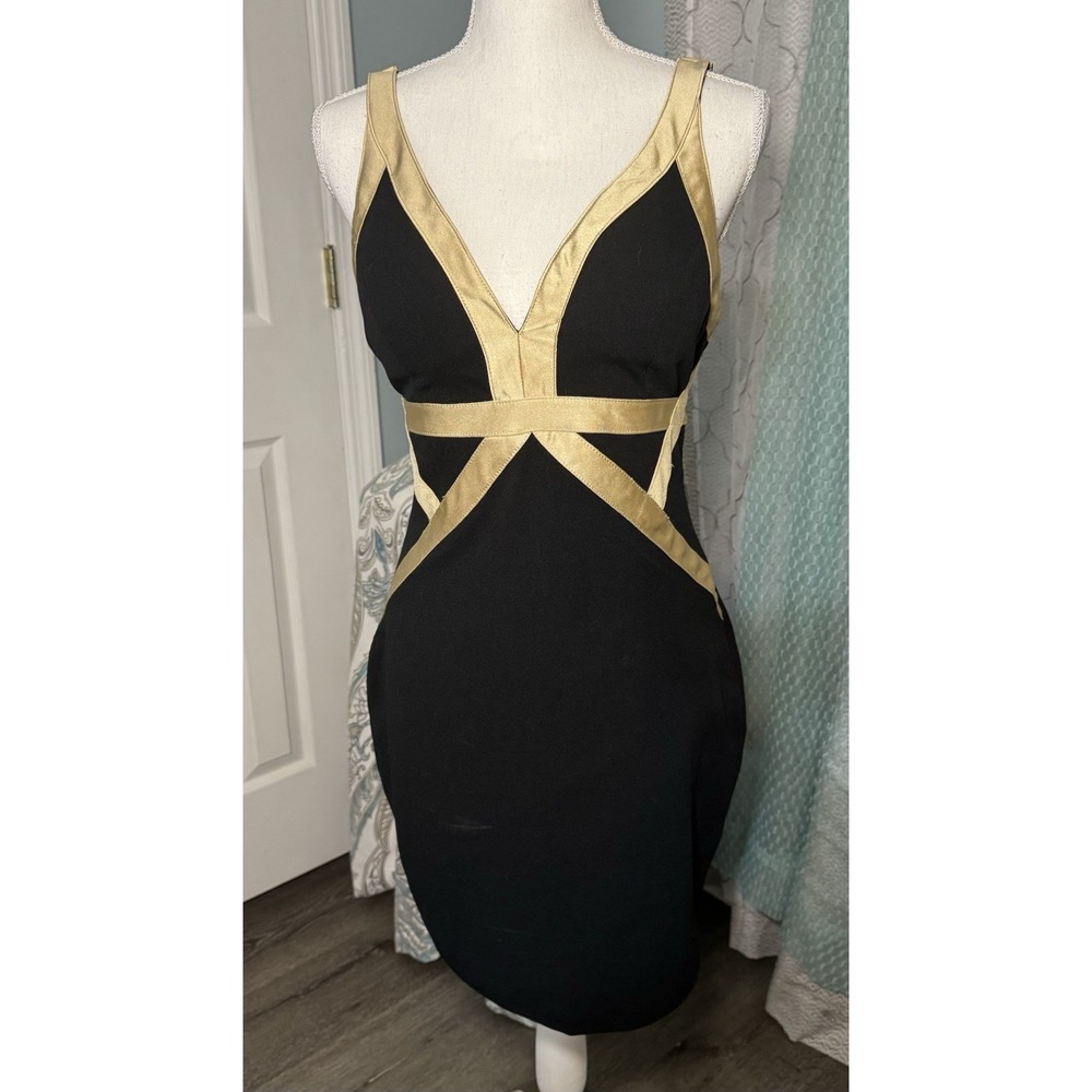 Haute Monde Black Satin Feel Gold Trimmed Bodycon Dress Cups Large